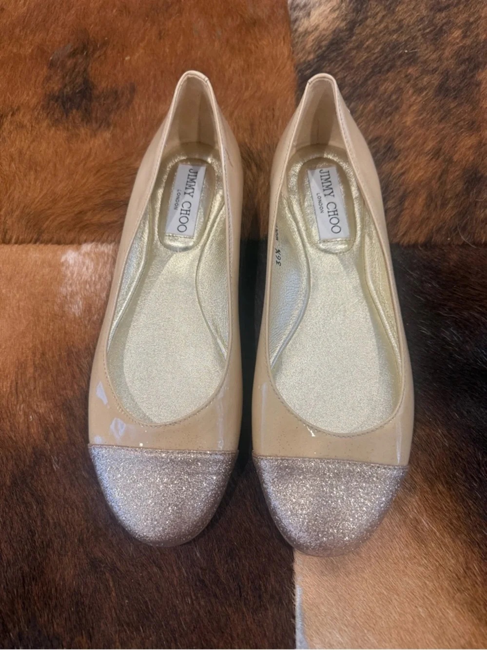 JIMMY CHOO Beige Patent Leather Glitter-Toe Whirl Flats